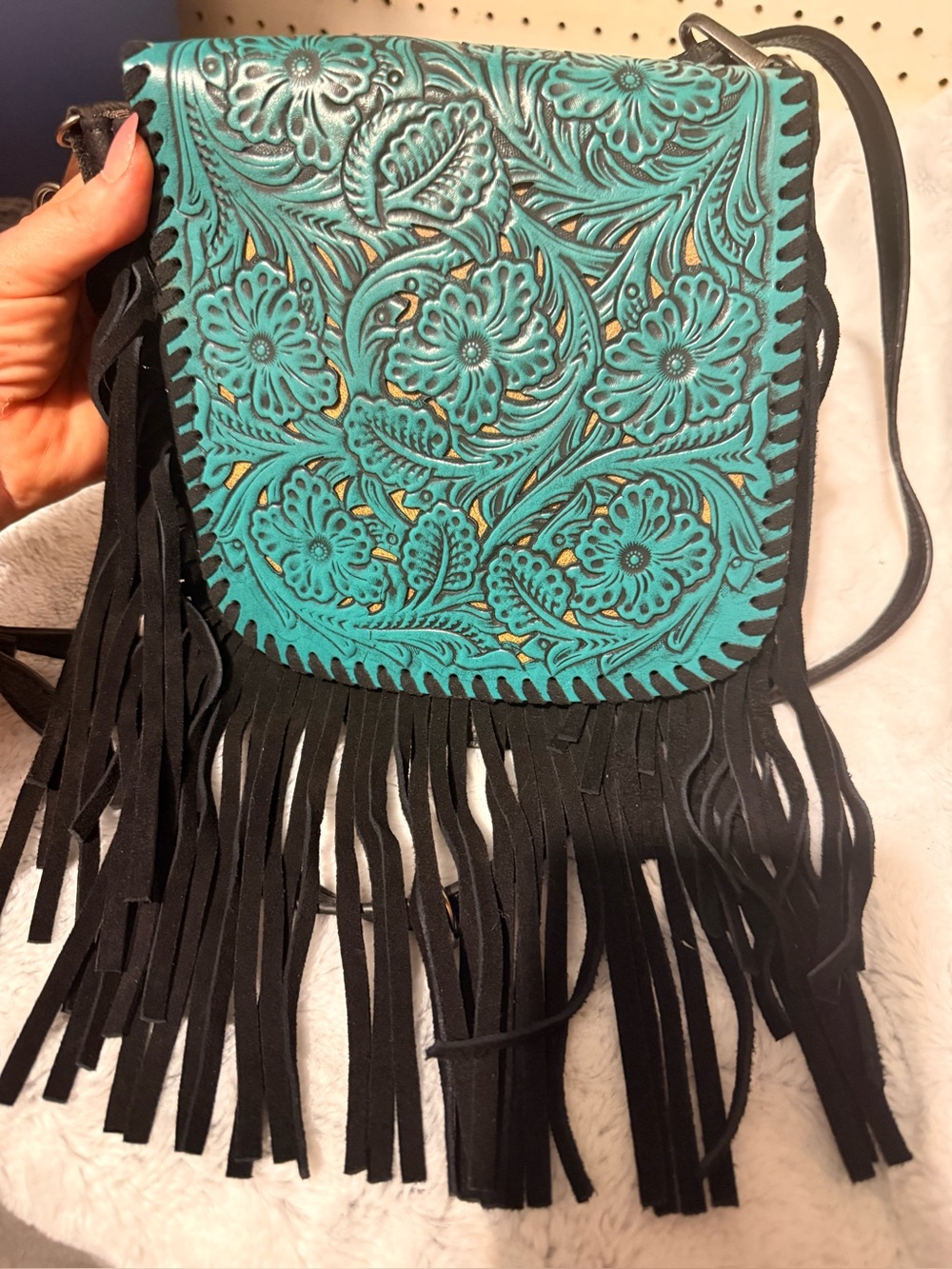 Turquoise Floral Tooled Leather Fringe Crossbody Bag